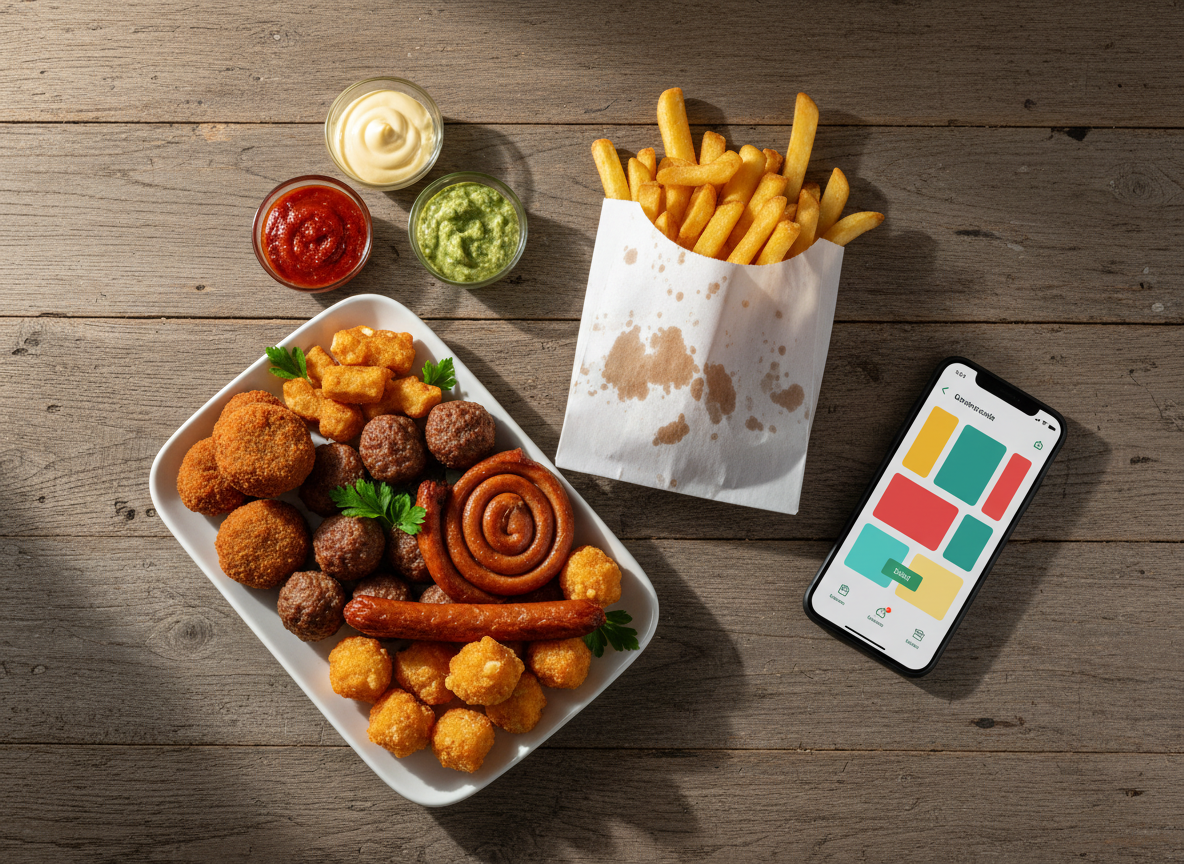 An overhead photographic view of a playful frituur feast laid out on a rustic wooden table: a paper cone overflowing with fresh-cut fries, a platter of assorted house-made snacks like crunchy croquettes and tender meatballs, and small dipping bowls with vibrant sauces. Next to the food, a modern smartphone lies on the table showing a bright, simplified online ordering screen, suggesting easy takeaway without readable text. Soft, diffused afternoon light from the side highlights the golden textures and crisp coatings, creating gentle shadows. The mood is cheerful and social, with a clean, vibrant color palette. The composition uses the rule of thirds, with the phone and food forming a dynamic diagonal, emphasizing both the menu items and the convenience of ordering online.