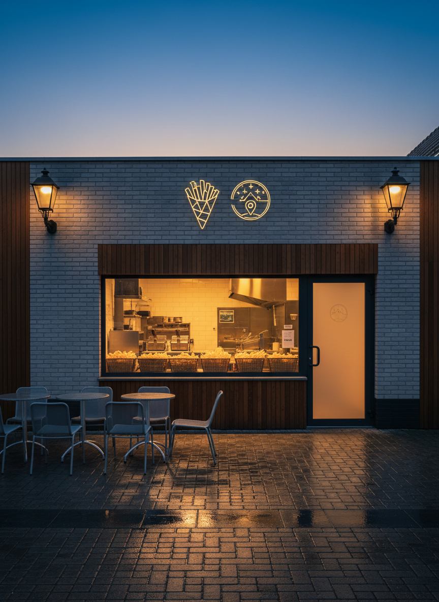 A wide, photographic exterior view of a cozy frituur storefront at blue hour, with a large takeaway window glowing warmly from inside. The facade is simple and inviting, with clean lines and subtle hints that this is “Frituur Zodiackeiberg” without explicit text, such as a stylized fry cone icon and a small map pin graphic near the door suggesting the Keiberg Zichem location. Through the window, the silhouettes of stainless steel fryers and baskets of fresh-cut potatoes are visible. Streetlights cast soft reflections on the pavement, and a few empty outdoor tables and chairs sit nearby. The composition is centered with sharp focus, capturing a welcoming, local-neighborhood mood that feels friendly and playful, ideal for a contact or location page.