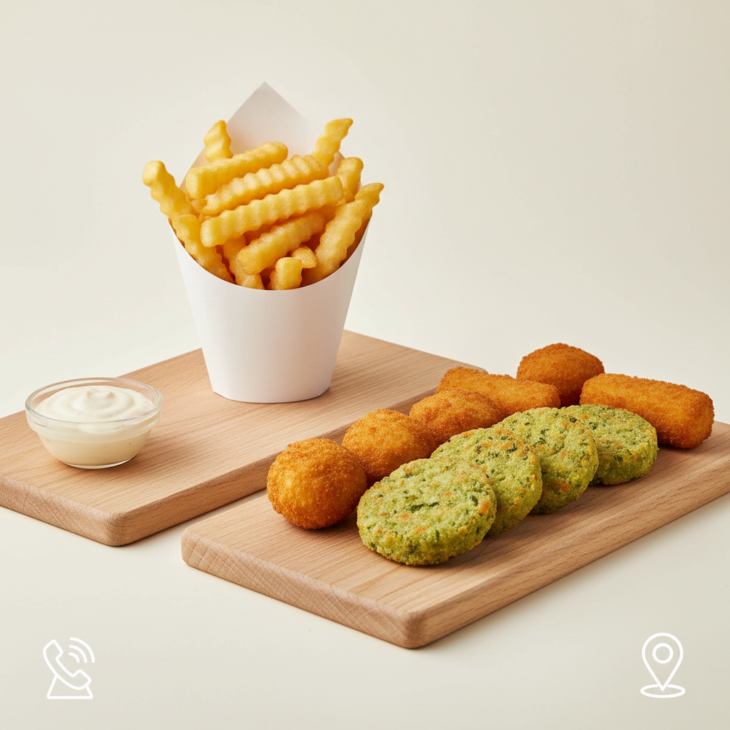A polished, photographic menu-style composition featuring separate neatly arranged sections of frituur specialties: a cone of golden fries, a row of house-made snacks like crispy chicken bites, meat croquettes, and veggie fritters, each placed on its own light-wood panel. Small illustrated icons resembling a phone and a map pin sit near the edges of the frame, symbolizing contact and the Keiberg Zichem location without text. The background is a clean, soft off-white, lit by bright, even studio lighting that creates minimal shadows and makes colors pop. Shot from a slightly elevated angle with sharp focus across the entire frame, the image feels organized, playful, and perfect for a digital menu or order overview section highlighting variety and clarity.